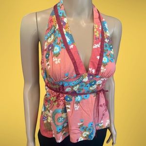 Floral halter top with plunging v-neckline.